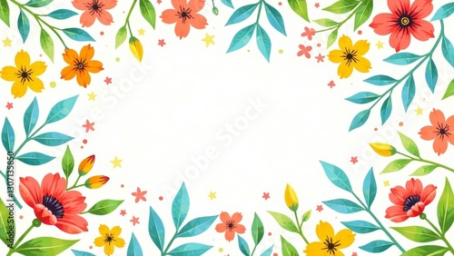 Vibrant Floral Frame A Delightful Springtime Design Featuring a Colorful Array of Blossoms and Lush Greenery, Perfect for Festive Invitations or Cheerful Announcements