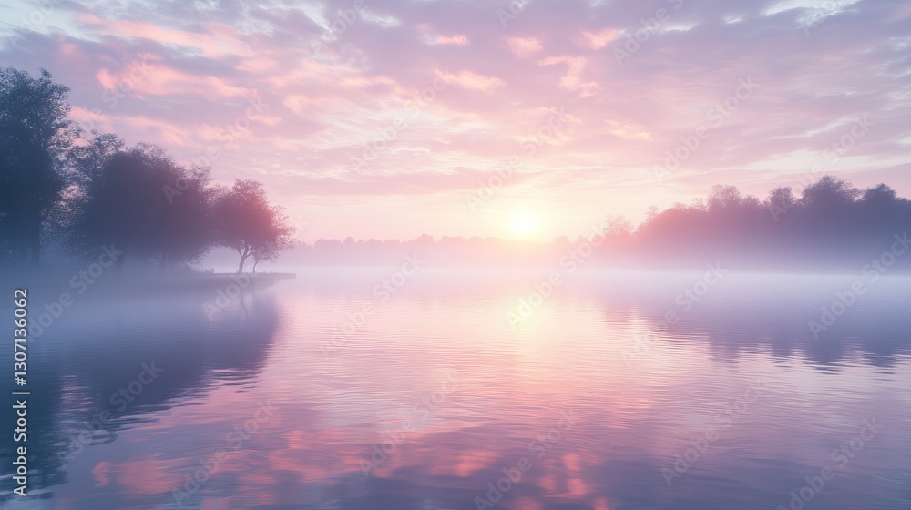 Fototapeta premium A serene lake at dawn, soft pastel colors in the sky reflecting on the water, surrounded by misty forests, peaceful and immersive, ultra-detailed, 4K.