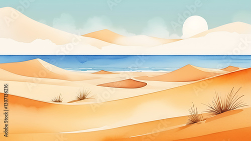 Watercolor Desert Landscape Painting with Sand Dunes and Light Blue Sky