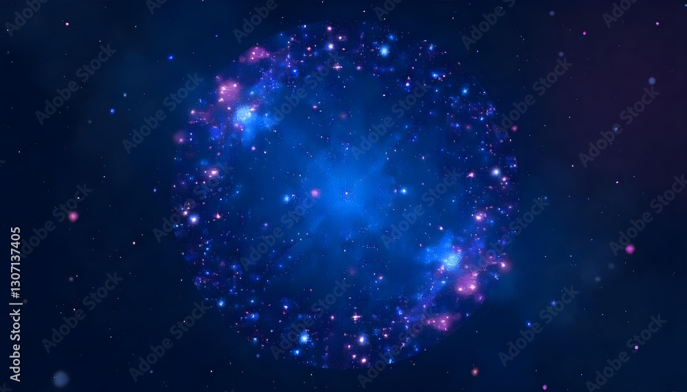 A cosmic-inspired galaxy circle scatter design with deep blue, purple, and white star-like dots creating a celestial effect A cosmic-inspired galaxy circle scatter design with deep blue, purple, and white star-like dots creating a celestial effect