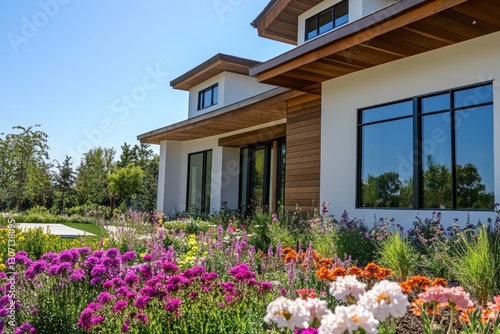 Close-up side view of contemporary villa with landscaped garden and large windows

