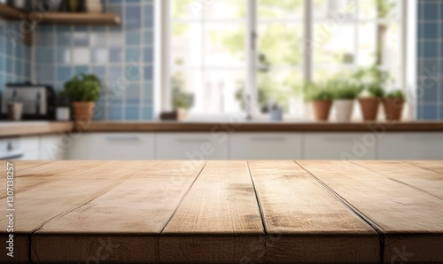 Empty Wooden Table with Kitchen Background for Product Placement or Display