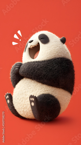 Cheerful cartoon panda with a round belly, laughing joyfully against a vibrant red background.