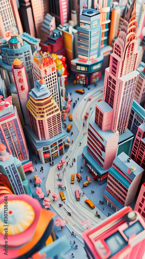 Naklejka premium A colorful miniature cityscape depicting bustling streets filled with tiny people, vibrant buildings, and iconic skyscrapers.