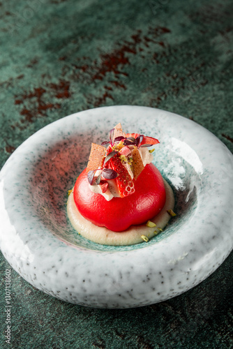 Fotografie A beautifully plated dessert featuring a glossy red dome topped with strawberries, edible flowers, and crushed pistachios, served on a textured green surface