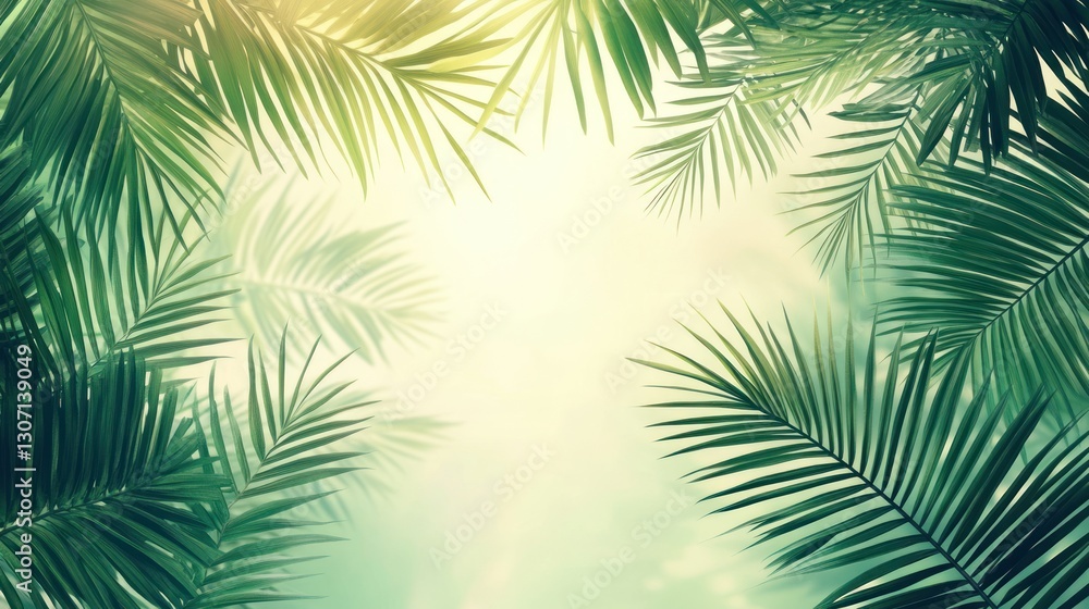 Lush green palm leaves sunlight background. Lush green palm leaves sunlight background.