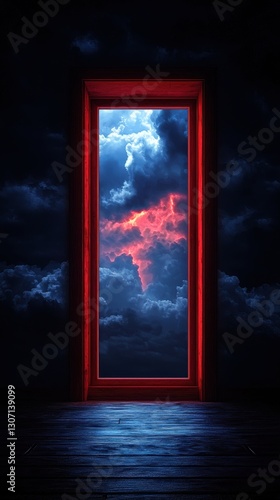 Surreal Glowing Red Door Opening to a Stormy Sky with Dark Clouds and Lightning
