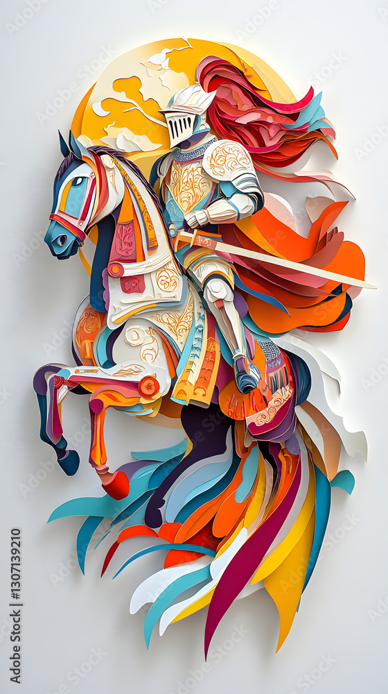 Obraz premium A vibrant paper art display of a knight in armor riding a colorful horse, showcasing dynamic movement and rich textures.