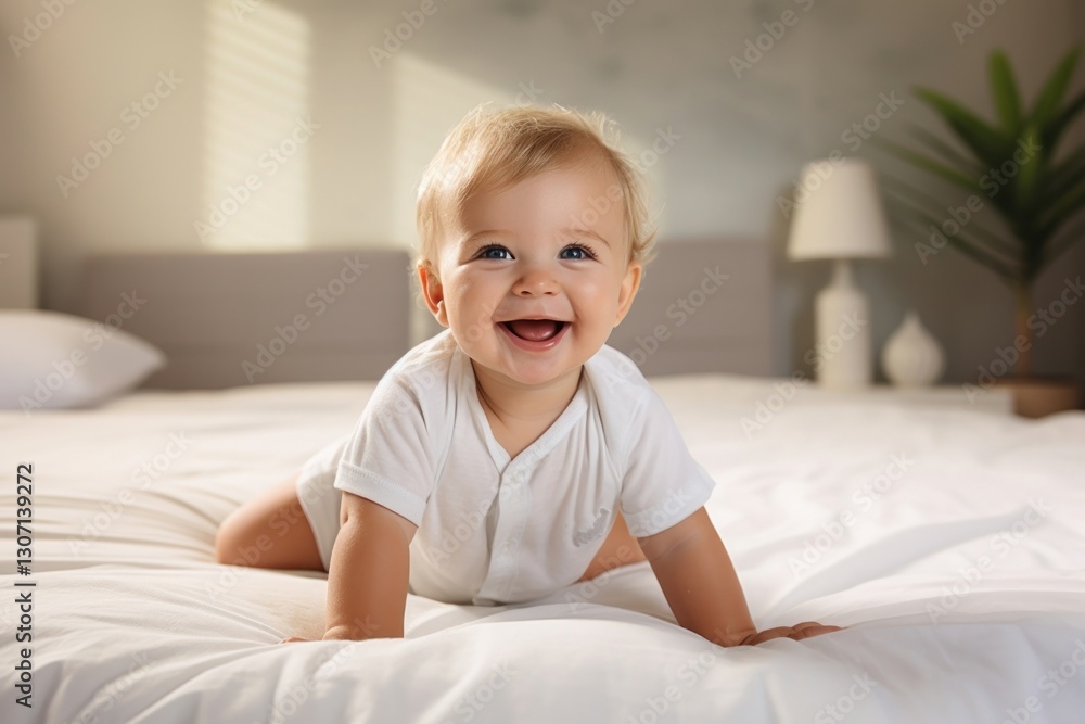 Cute baby boy crawling on bed smiling cute comfortable beginnings. Cute baby boy crawling on bed smiling cute comfortable beginnings.