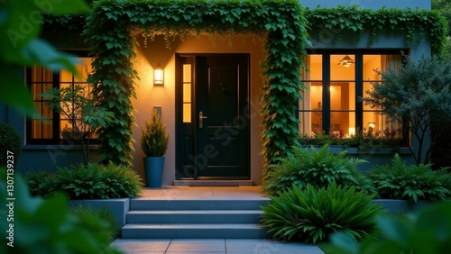 Evening Serenity A Welcoming Home Entrance with Lush Greenery and Soft Lighting