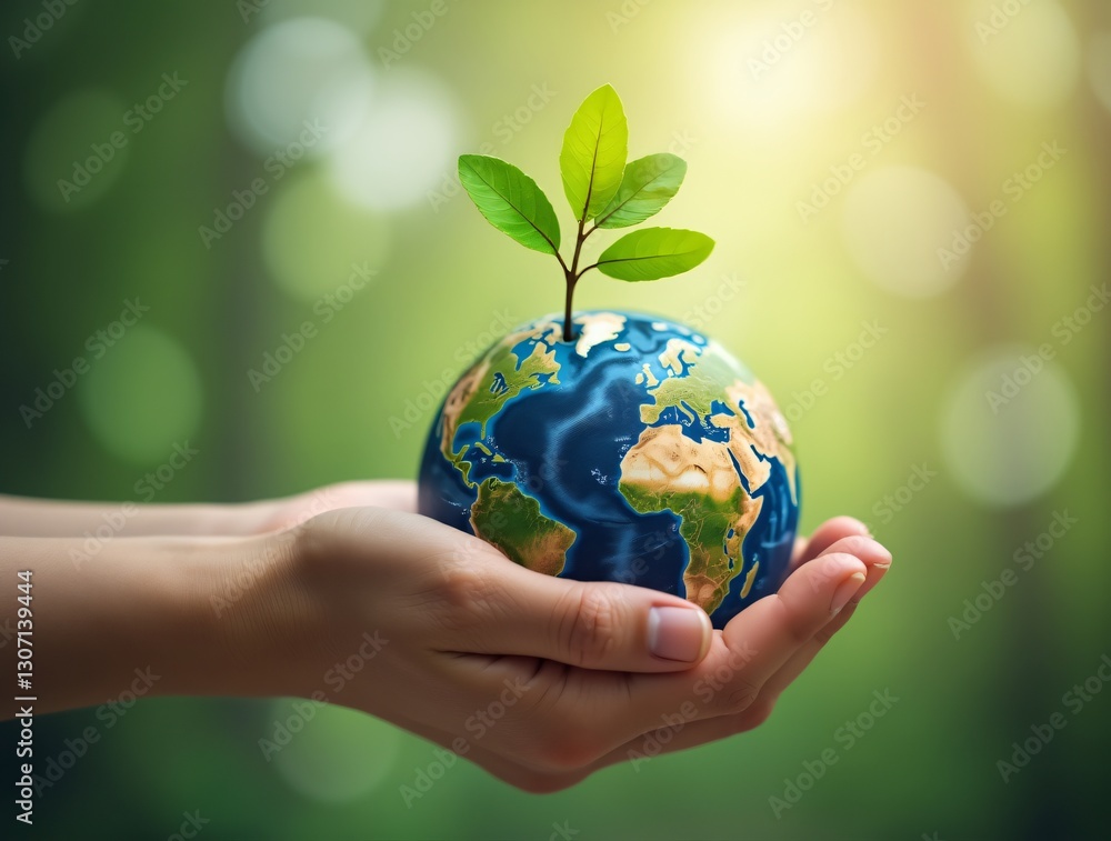 A hand holding a tree sprout against a globe, symbolizing care for the planet and environmental responsibility A hand holding a tree sprout against a globe, symbolizing care for the planet and environmental responsibility