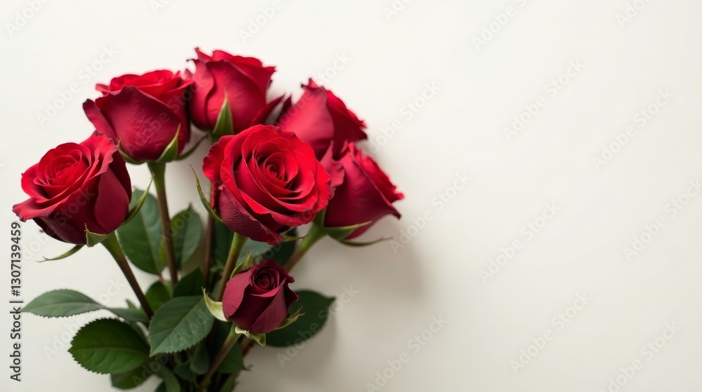 A captivating bouquet of deep red roses, elegantly arranged against a minimalist white backdrop, showcasing the exquisite beauty of nature's vibrant blooms. A captivating bouquet of deep red roses, elegantly arranged against a minimalist white backdrop, showcasing the exquisite beauty of nature's vibrant blooms.