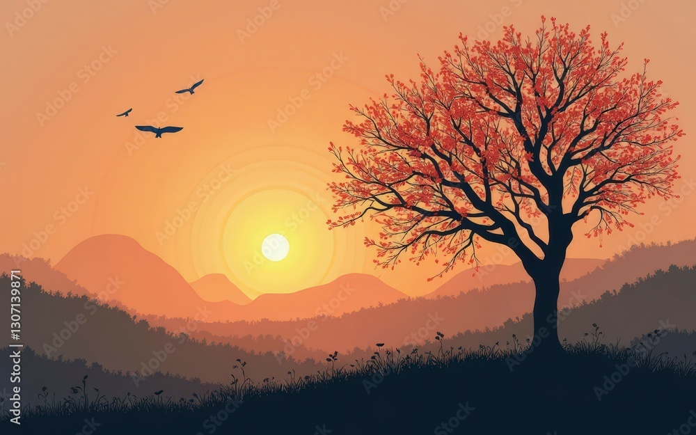 Digital Drawing of Sunset Over Rolling Hills with Red Leaves and Flying Birds Digital Drawing of Sunset Over Rolling Hills with Red Leaves and Flying Birds
