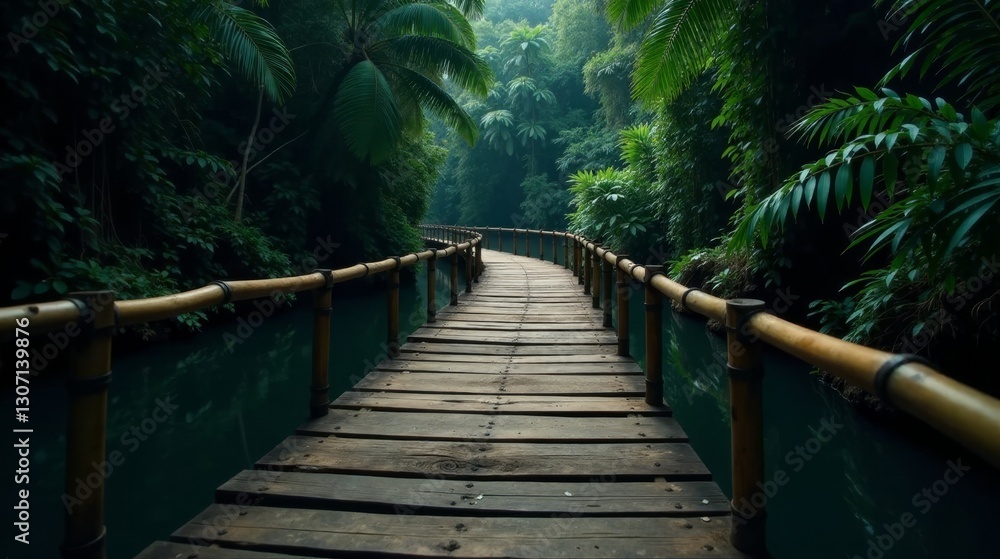 Fototapeta premium Serene Wooden Pathway Across Tranquil Emerald Waters, Enveloped by Lush Tropical Foliage