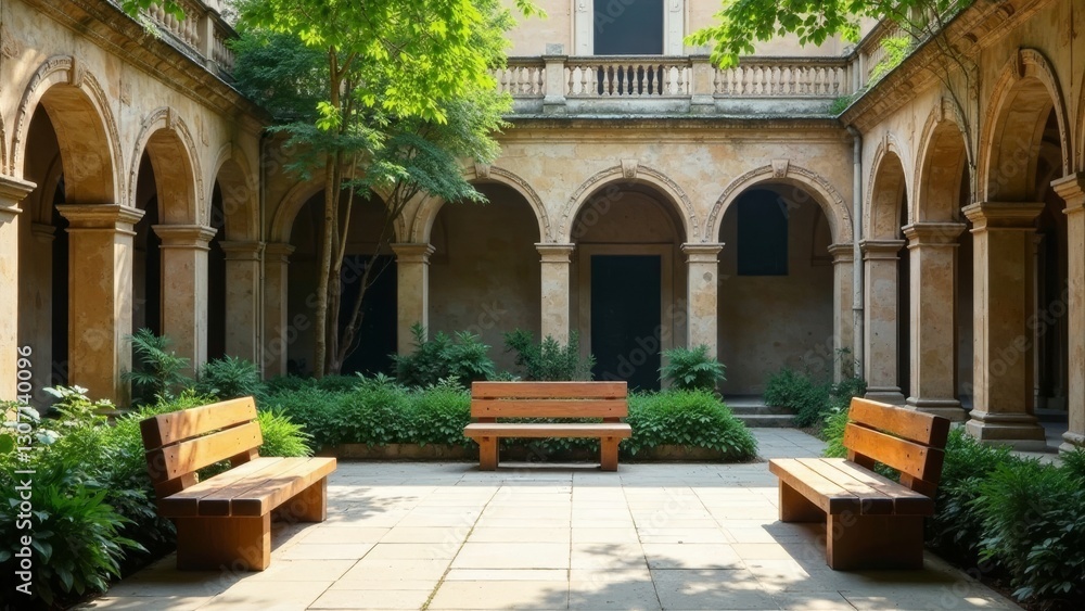 Fototapeta premium Serene Courtyard Sanctuary Wooden Benches Under Archways and Lush Greenery