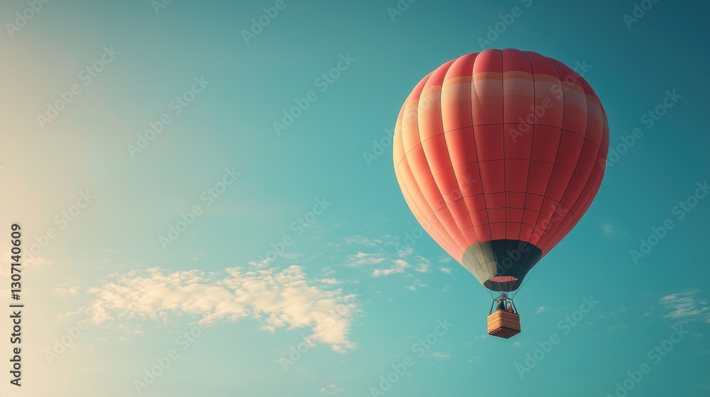 Fototapeta premium Vibrant Hot Air Balloon Soaring in a Clear Blue Sky with Soft Clouds in a Serene Landscape