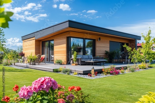 Close-up front view of modern Scandinavian villa with wooden facade and garden furniture
