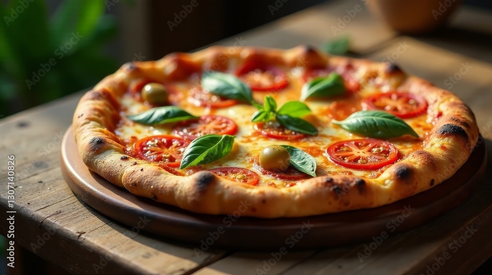 A delicious, freshly baked pizza with melted cheese, ripe tomatoes, and fresh basil leaves, served on a rustic wooden table in warm sunlight. A delicious, freshly baked pizza with melted cheese, ripe tomatoes, and fresh basil leaves, served on a rustic wooden table in warm sunlight.