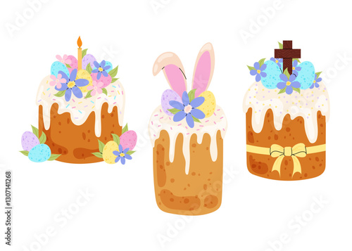 Set Easter cake. Holiday pastry with cream decorated bow, bunny ears, with eggs, spring flowers, wooden cross. Christian spring holiday.