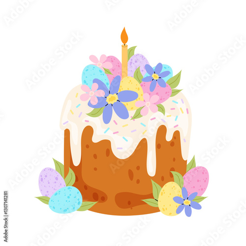 Easter cake. Holiday cake decorated Easter eggs, spring flowers and candle. Christian spring holiday. Flat illustration. 