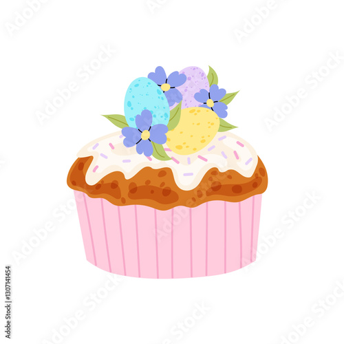 Easter cake, cupcake or muffin. Holiday pastry with cream decorated eggs and spring flowers. Christian spring holiday. 