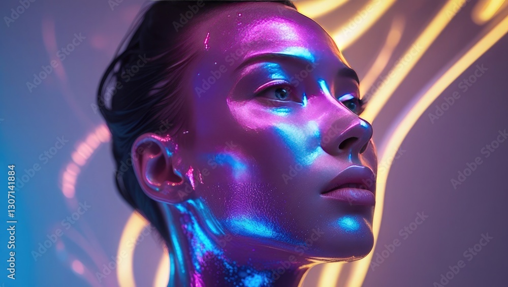 A futuristic scene with metal, neon, holograms, and liquid metal. A cybernetic face with gloss, reflections, and glowing elements creating the illusion of a utopia. A futuristic scene with metal, neon, holograms, and liquid metal. A cybernetic face with gloss, reflections, and glowing elements creating the illusion of a utopia.