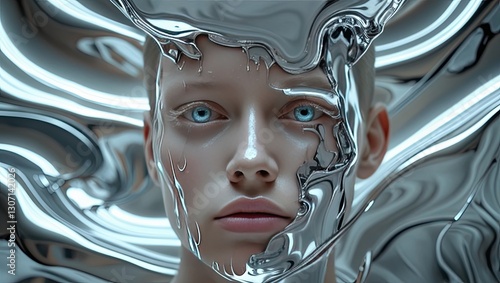 A futuristic scene with metal, neon, holograms, and liquid metal. A cybernetic face with gloss, reflections, and glowing elements creating the illusion of a utopia.