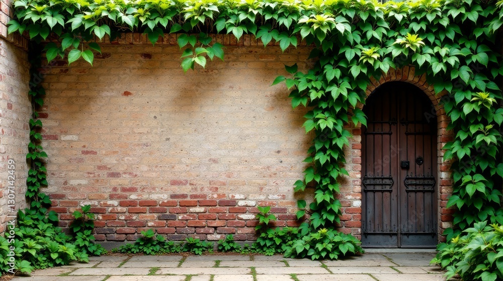 Lush greenery frames a rustic brick wall and arched wooden door, creating a serene and inviting outdoor scene. Lush greenery frames a rustic brick wall and arched wooden door, creating a serene and inviting outdoor scene.