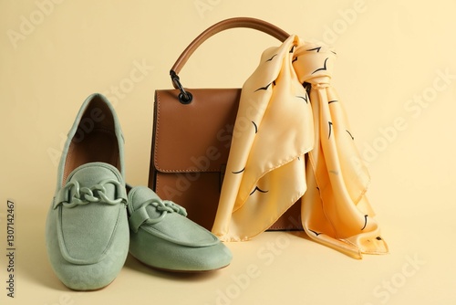 Foto Leather bag with handkerchief and loafers on beige background, closeup
