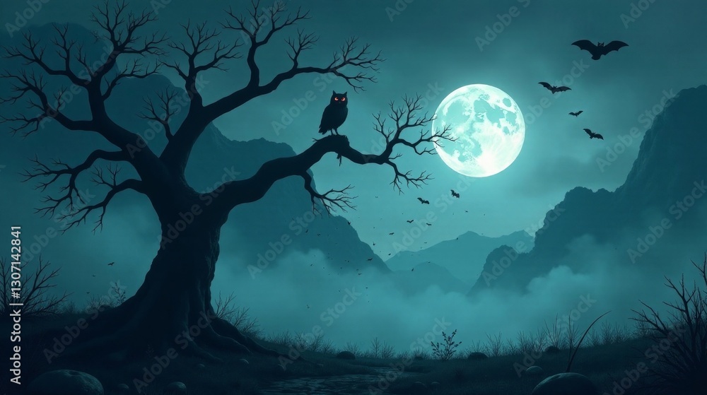 Fototapeta premium Nocturnal Owl Perched on a Barren Tree Branch Under a Mystical Full Moon, Silhouetted Against a Misty Mountain Range with Bats in Flight