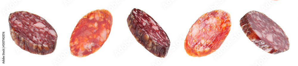 Slices of smoked sausages isolated on white, set Slices of smoked sausages isolated on white, set