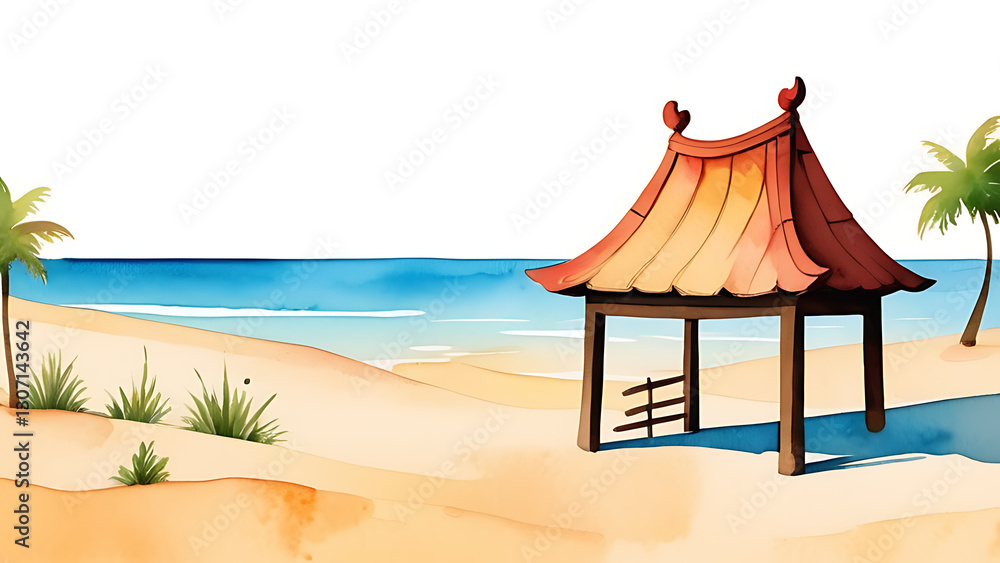 Fototapeta premium Beach Hut Watercolor Illustration with Ocean View and Palm Trees