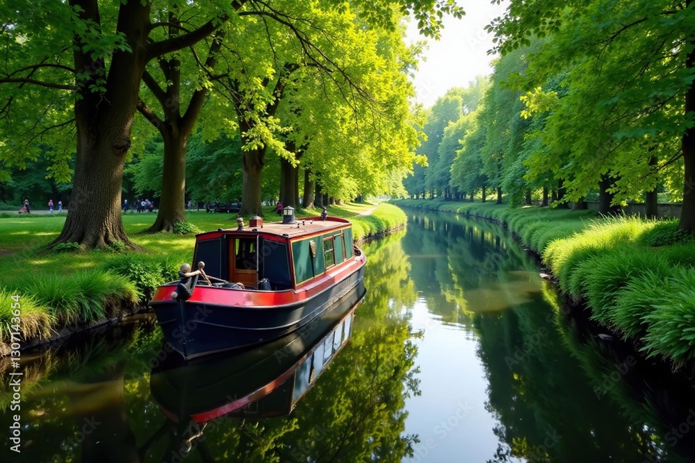Lush vegetation surrounds a tranquil canal boat on the Avon River, nature, canal Lush vegetation surrounds a tranquil canal boat on the Avon River, nature, canal