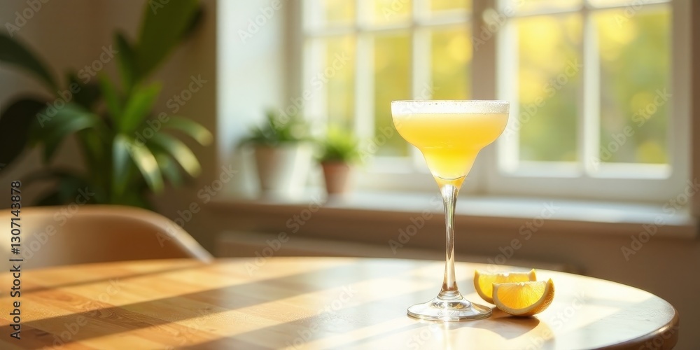 A refreshing citrus cocktail in a coupe glass, bathed in sunlight, sits on a wooden table next to a few slices of citrus fruit, a peaceful and serene moment A refreshing citrus cocktail in a coupe glass, bathed in sunlight, sits on a wooden table next to a few slices of citrus fruit, a peaceful and serene moment
