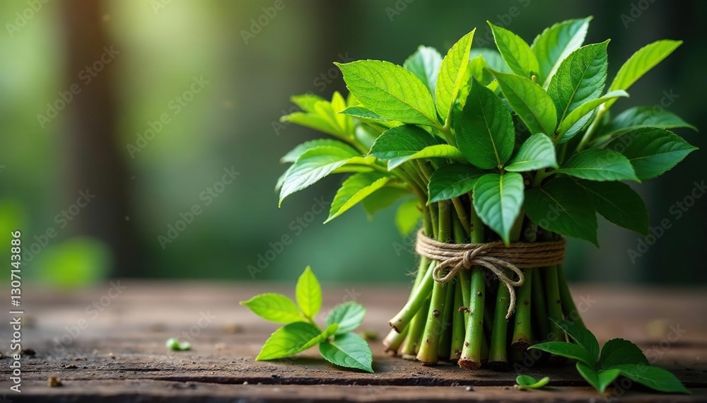 A bundle of fresh branches and leaves tied with twine, foliage, woodland, natural binding A bundle of fresh branches and leaves tied with twine, foliage, woodland, natural binding