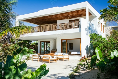 Close-up angled view of contemporary villa with terrace and lush garden
