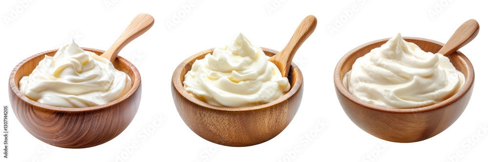 Creamy sour cream in wooden bowls with spoons on transparency background Creamy sour cream in wooden bowls with spoons on transparency background