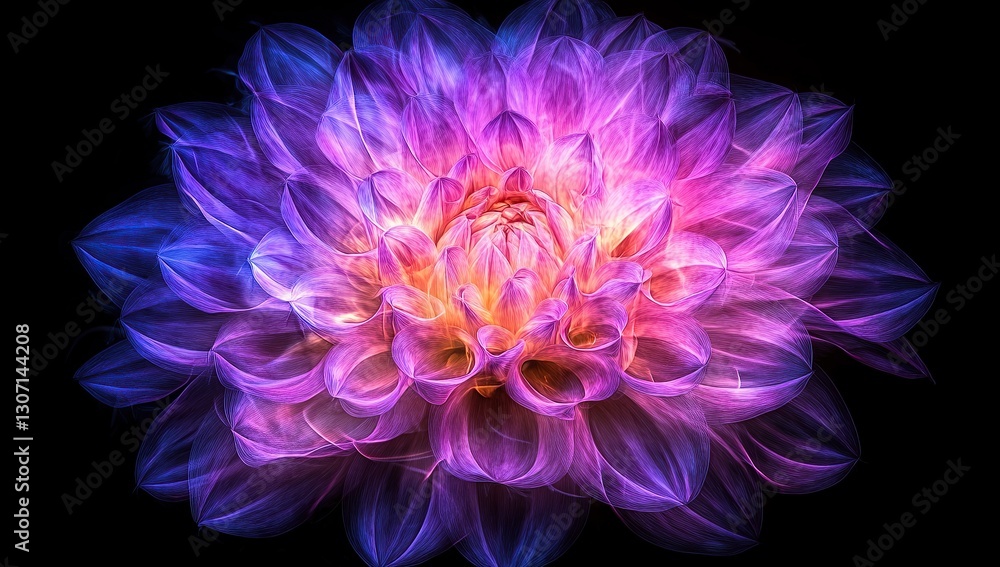 Abstract digital art of a purple and pink dahlia flower, glowing with vibrant colors against a dark background Abstract digital art of a purple and pink dahlia flower, glowing with vibrant colors against a dark background