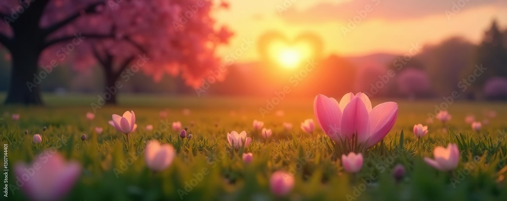 Fototapeta premium Soft focus captures a serene spring scene with a heart-shaped sun rising over the horizon, Heart shape,, Soft Focus