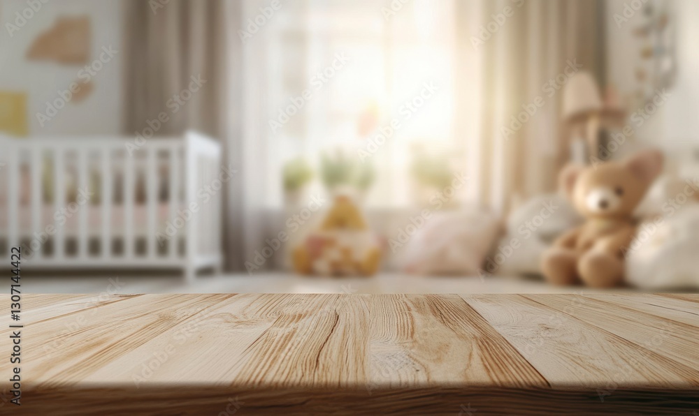 Wood Tabletop in Nursery Background with Teddy Bear and Crib View Wood Tabletop in Nursery Background with Teddy Bear and Crib View
