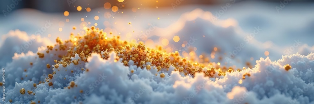 Fototapeta premium Sparkling gold dust settles on a snowy surface slowly, metallic, golden