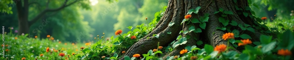 Fototapeta premium Vines and flowers entwine tree trunk in overgrown landscape, foliage, nature