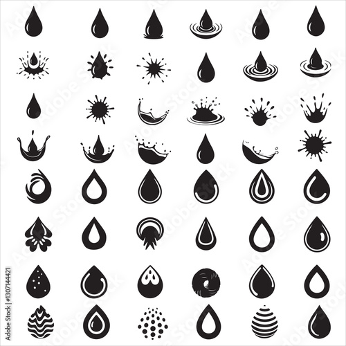 set vector various water drops and splash silhouettes