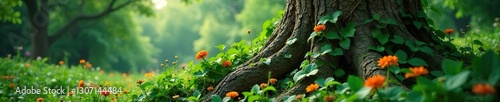 Vines and flowers entwine tree trunk in overgrown landscape, foliage, nature