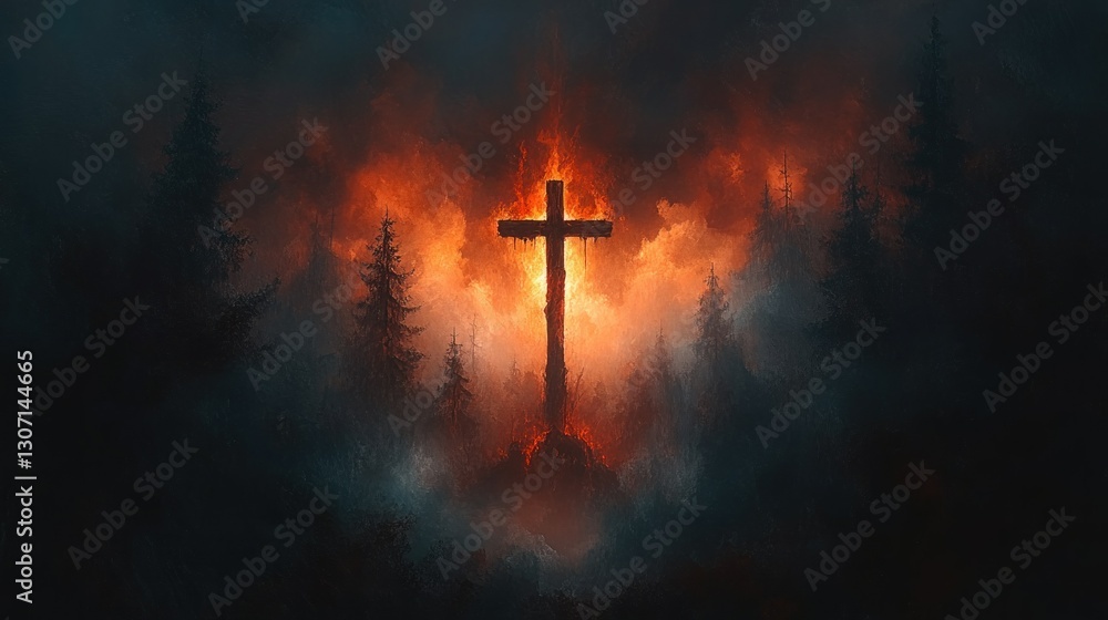 Naklejka premium Burning Cross in a Dark Forest: A Mystical Digital Painting