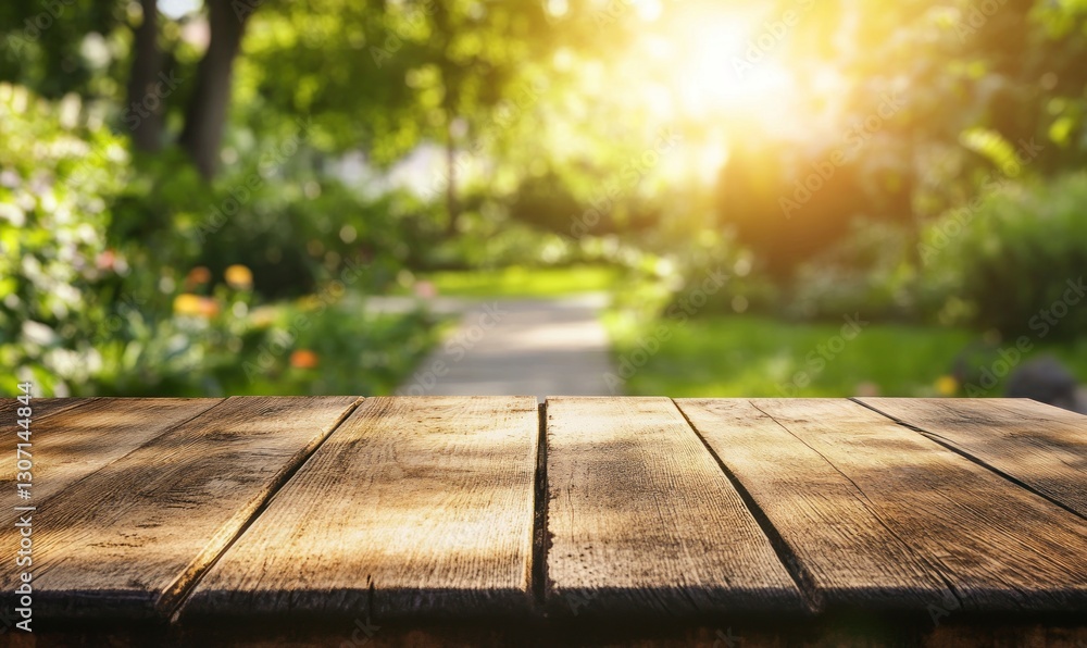 Rustic Wooden Tabletop with Blurred Garden Background and Bright Sunlight Rustic Wooden Tabletop with Blurred Garden Background and Bright Sunlight