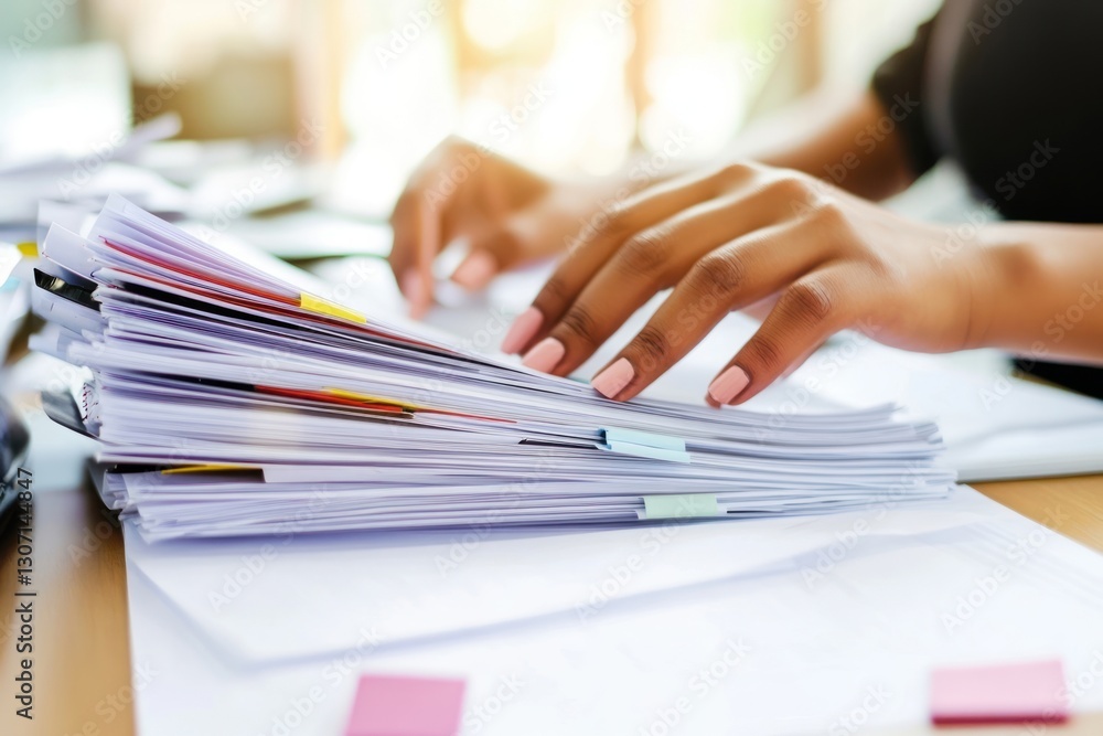Businesswoman hands working in Stacks of papers for searching information on work desk in office documents business stack. Businesswoman hands working in Stacks of papers for searching information on work desk in office documents business stack.