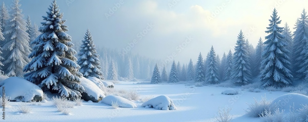 Obraz premium A frosty forest scene with a few trees and some snow-covered rocks in the foreground, landscape, forest