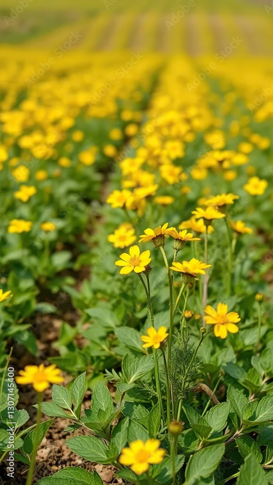 Bright yellow flowers blooming on potato plants in a green field, nature, spring, potatoes Bright yellow flowers blooming on potato plants in a green field, nature, spring, potatoes