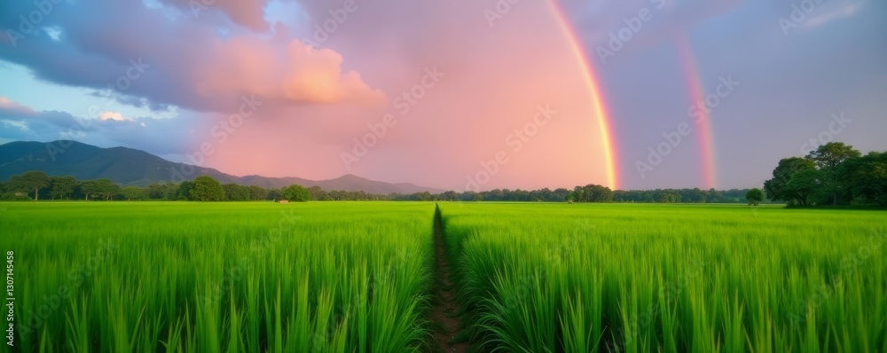 Obraz premium Evening light bathes green rice fields, a magnificent rainbow dominates the scene, evening, photography, serene